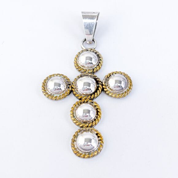 Vintage Mexico Taxco TD-91 Sterling Silver Gold-Tone Accent Dome Cross Pendant - Picture 2 of 7